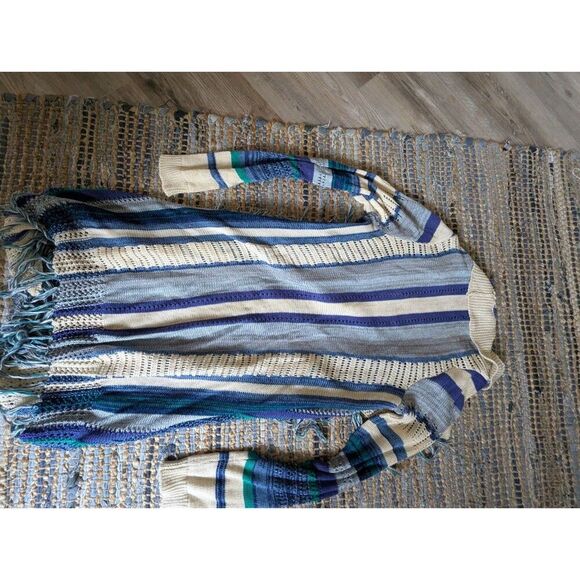 Fringe Knit Cardigan Sweater M Navy Green Blue Cream Open Front Long Line - Picture 5 of 6